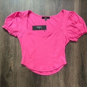 NWT Lulus Hot Pink Ribbed Puff Sleeve Crop Top